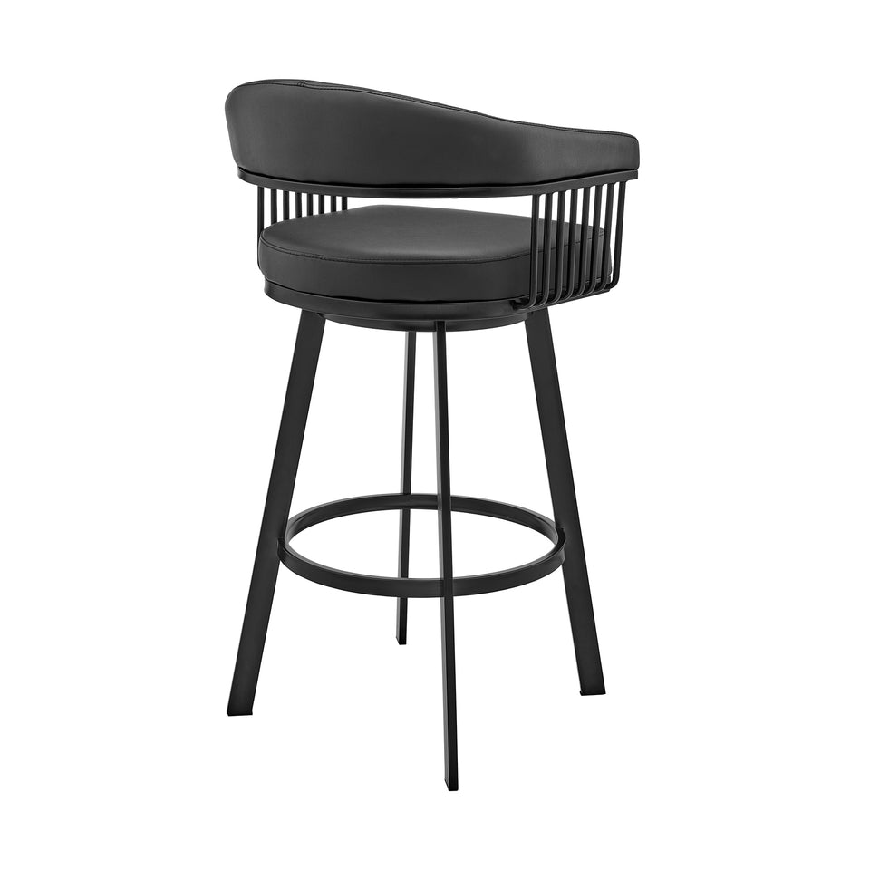 Bronson 30" Bar Height Swivel Bar Stool in Black Finish and Black Faux Leather