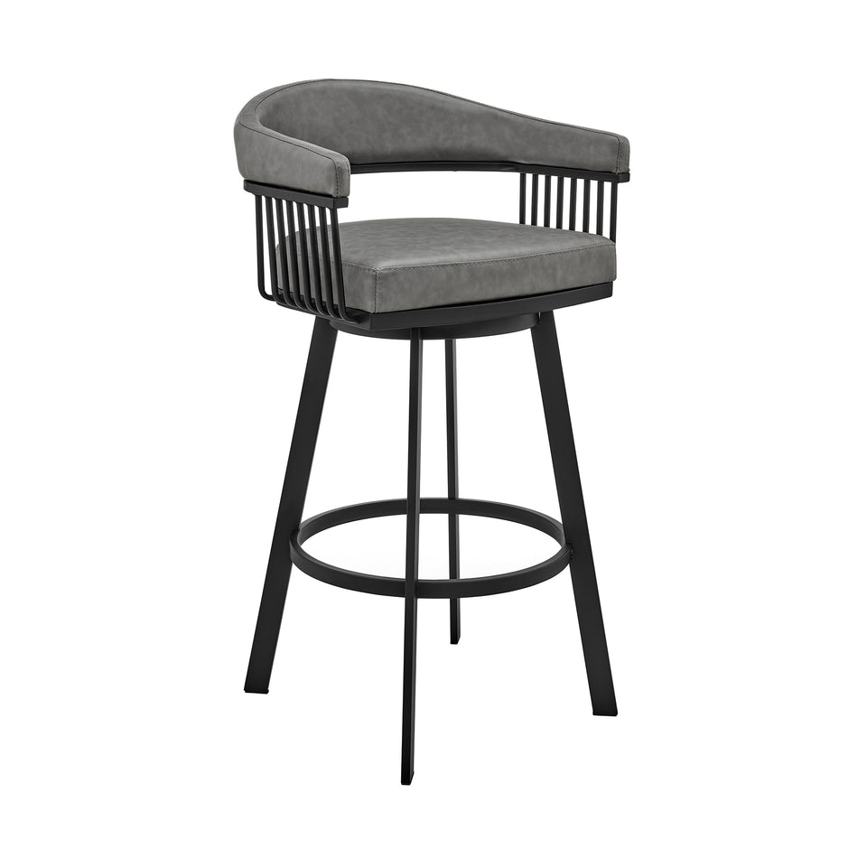 Bronson 26" Counter Height Swivel Bar Stool in Black Finish and Gray Faux Leather