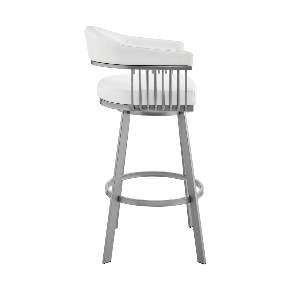 Bronson 26" Counter Height Swivel Bar Stool in Silver Finish and White Faux Leather