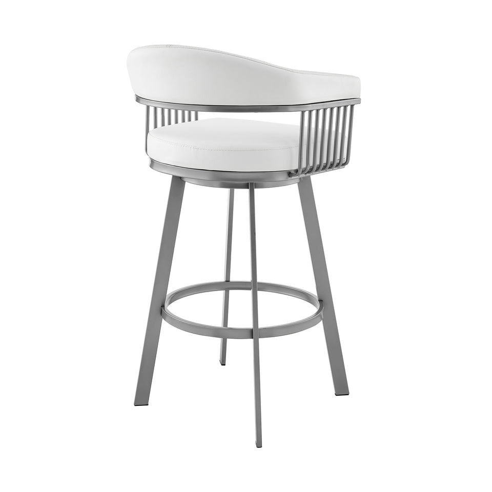 Bronson 26" Counter Height Swivel Bar Stool in Silver Finish and White Faux Leather