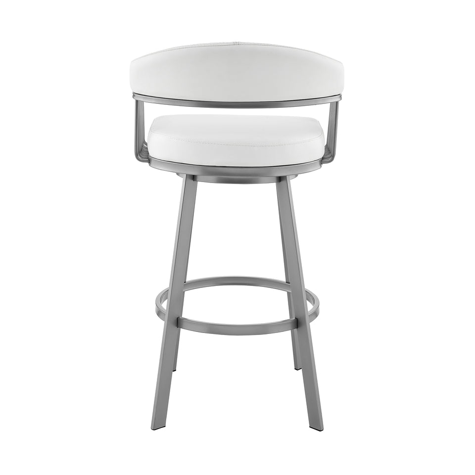 Bronson 26" Counter Height Swivel Bar Stool in Silver Finish and White Faux Leather