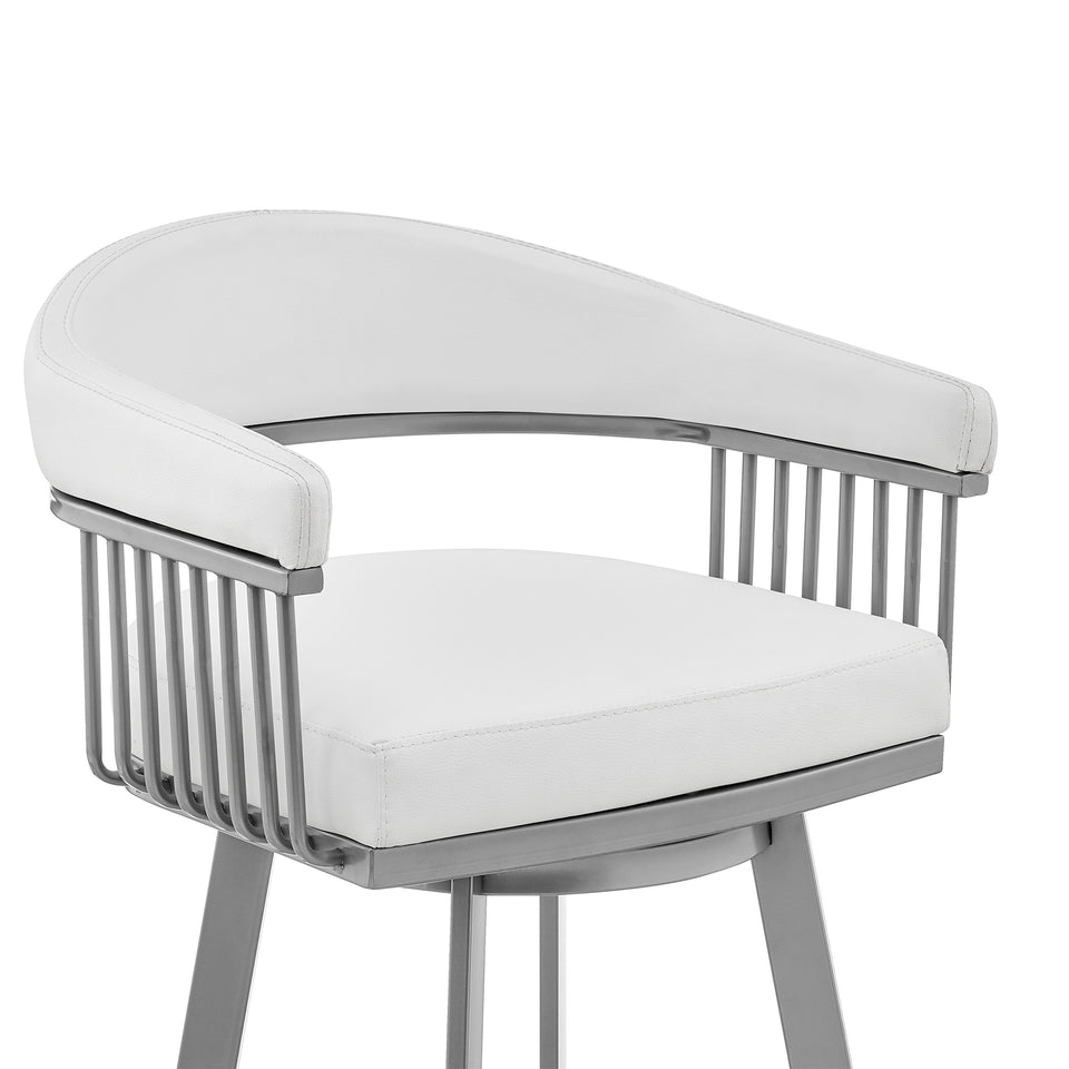 Bronson 26" Counter Height Swivel Bar Stool in Silver Finish and White Faux Leather