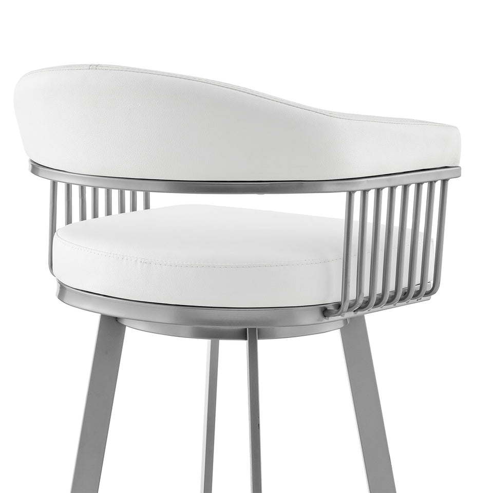 Bronson 26" Counter Height Swivel Bar Stool in Silver Finish and White Faux Leather