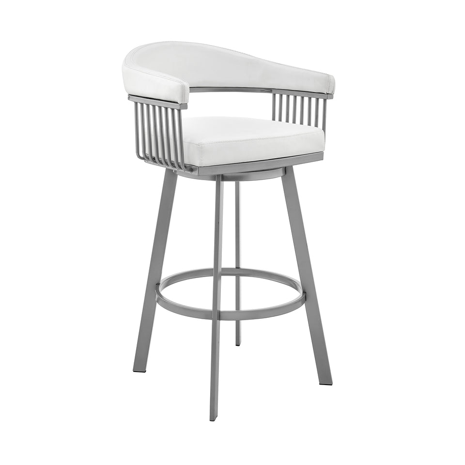 Bronson 26" Counter Height Swivel Bar Stool in Silver Finish and White Faux Leather