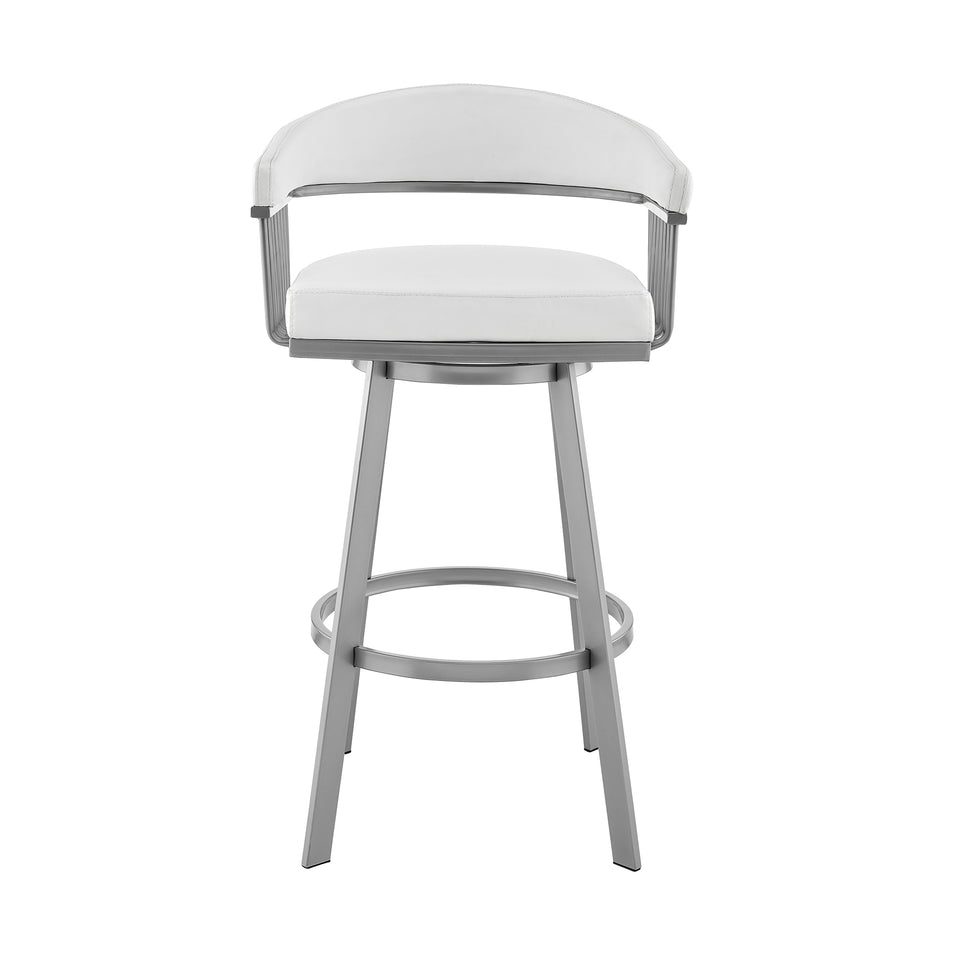 Bronson 30" Bar Height Swivel Bar Stool in Silver finish and White Faux Leather