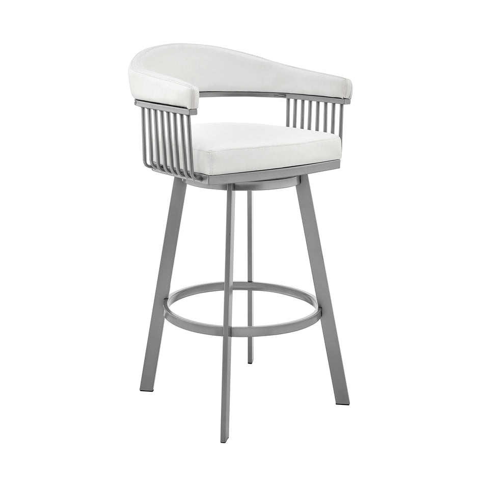 Bronson 30" Bar Height Swivel Bar Stool in Silver finish and White Faux Leather