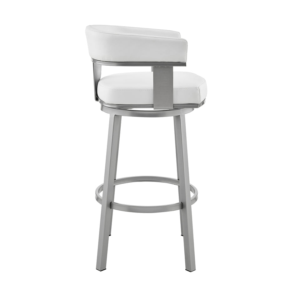 Cohen 26" Counter Height Swivel Bar Stool in Silver Finish with White Faux Leather
