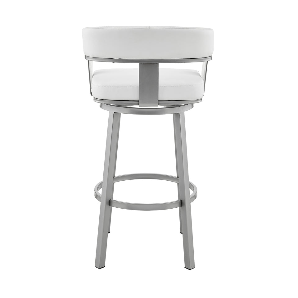 Cohen 26" Counter Height Swivel Bar Stool in Silver Finish with White Faux Leather
