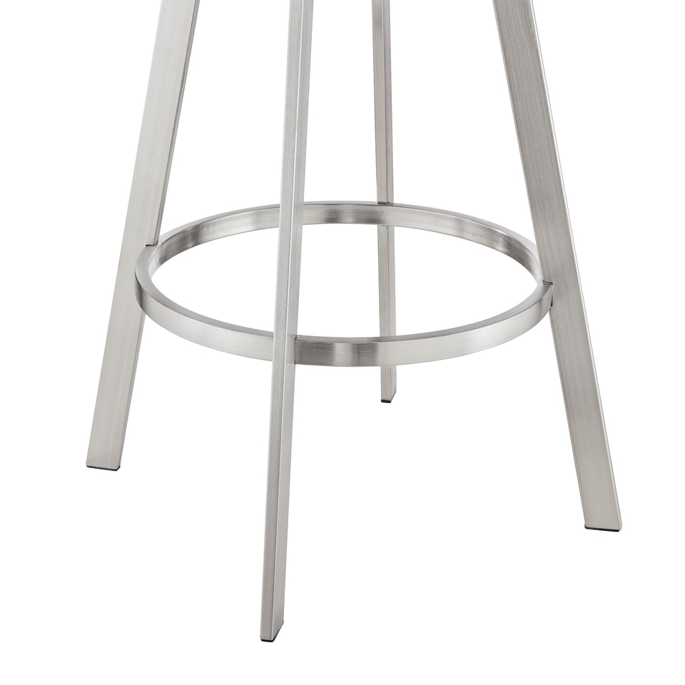 Jermaine 26" Counter Height Swivel Bar Stool in Brushed Stainless Steel Finish and Gray Faux Leather