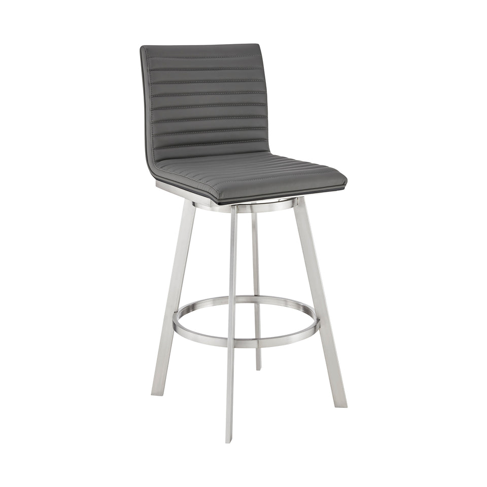 Jermaine 26" Counter Height Swivel Bar Stool in Brushed Stainless Steel Finish and Gray Faux Leather