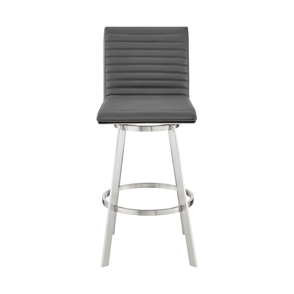 Jermaine 30" Bar Height Swivel Bar Stool in Brushed Stainless Steel Finish and Gray Faux Leather