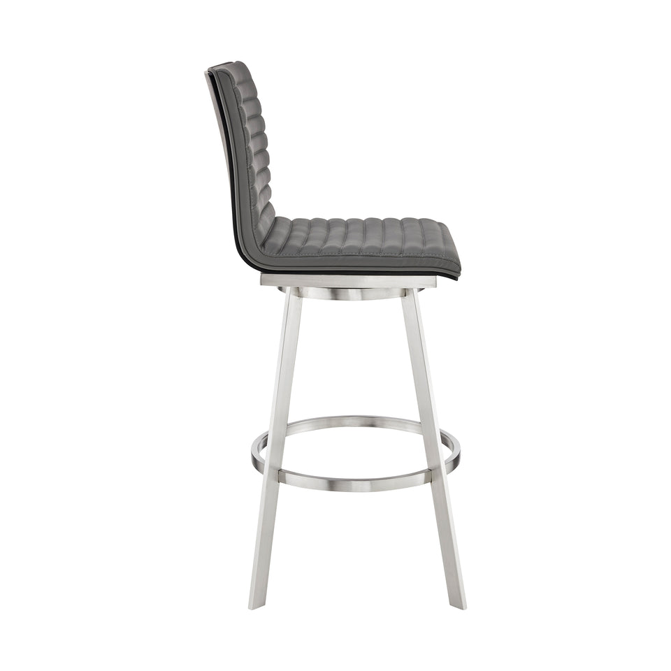 Jermaine 30" Bar Height Swivel Bar Stool in Brushed Stainless Steel Finish and Gray Faux Leather