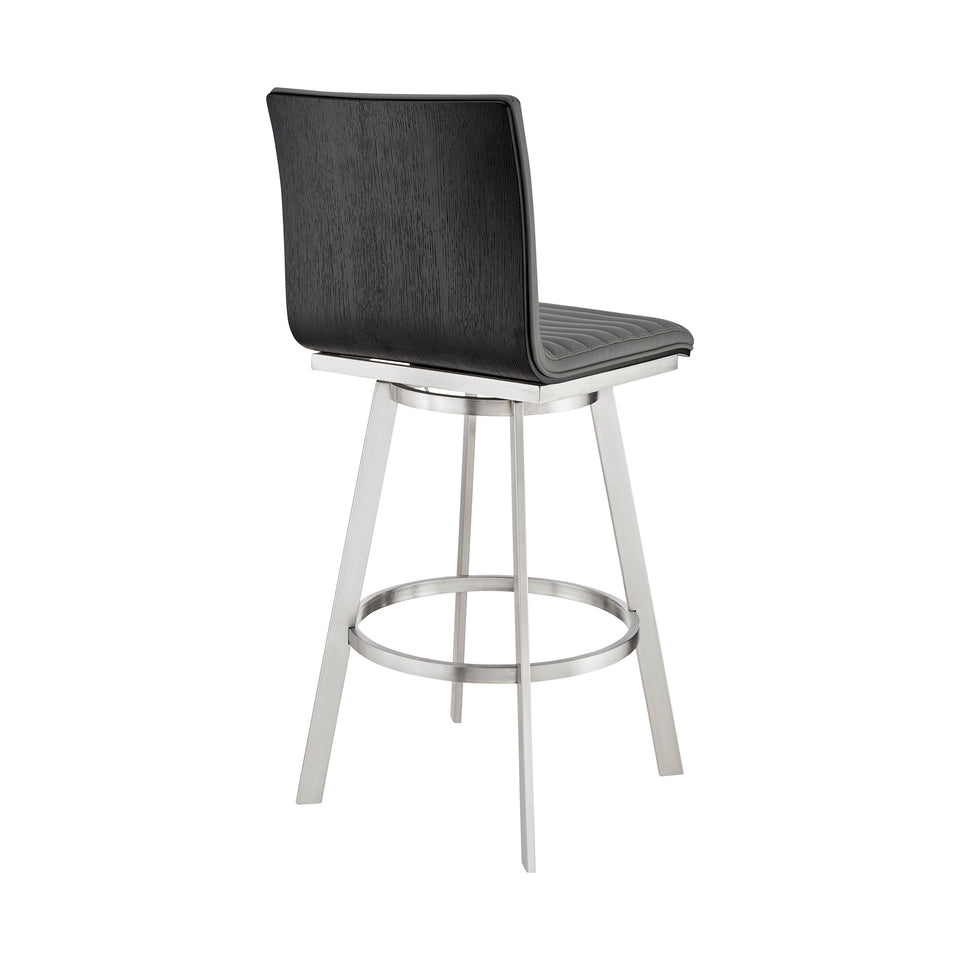 Jermaine 30" Bar Height Swivel Bar Stool in Brushed Stainless Steel Finish and Gray Faux Leather