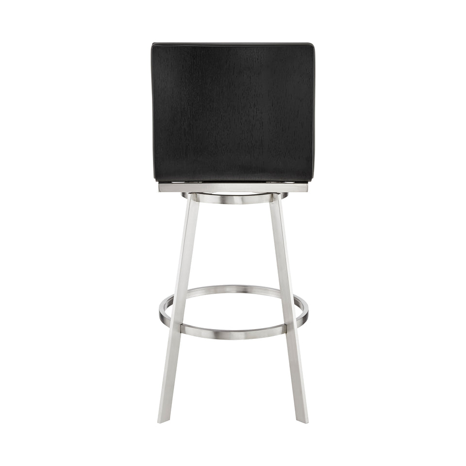 Jermaine 30" Bar Height Swivel Bar Stool in Brushed Stainless Steel Finish and Gray Faux Leather
