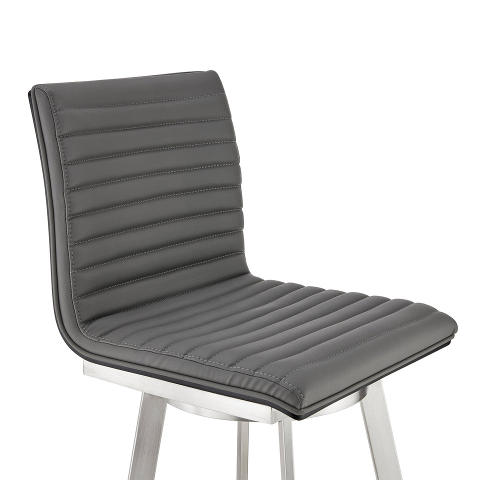 Jermaine 30" Bar Height Swivel Bar Stool in Brushed Stainless Steel Finish and Gray Faux Leather