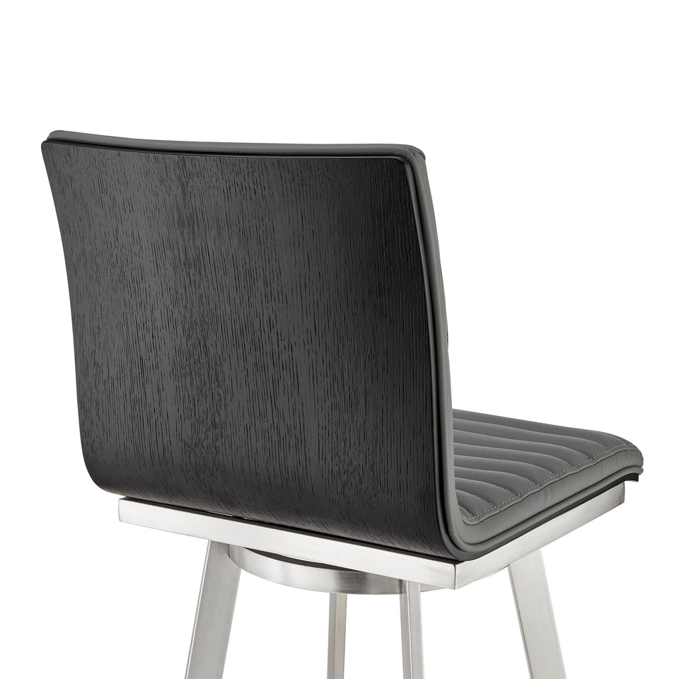 Jermaine 30" Bar Height Swivel Bar Stool in Brushed Stainless Steel Finish and Gray Faux Leather