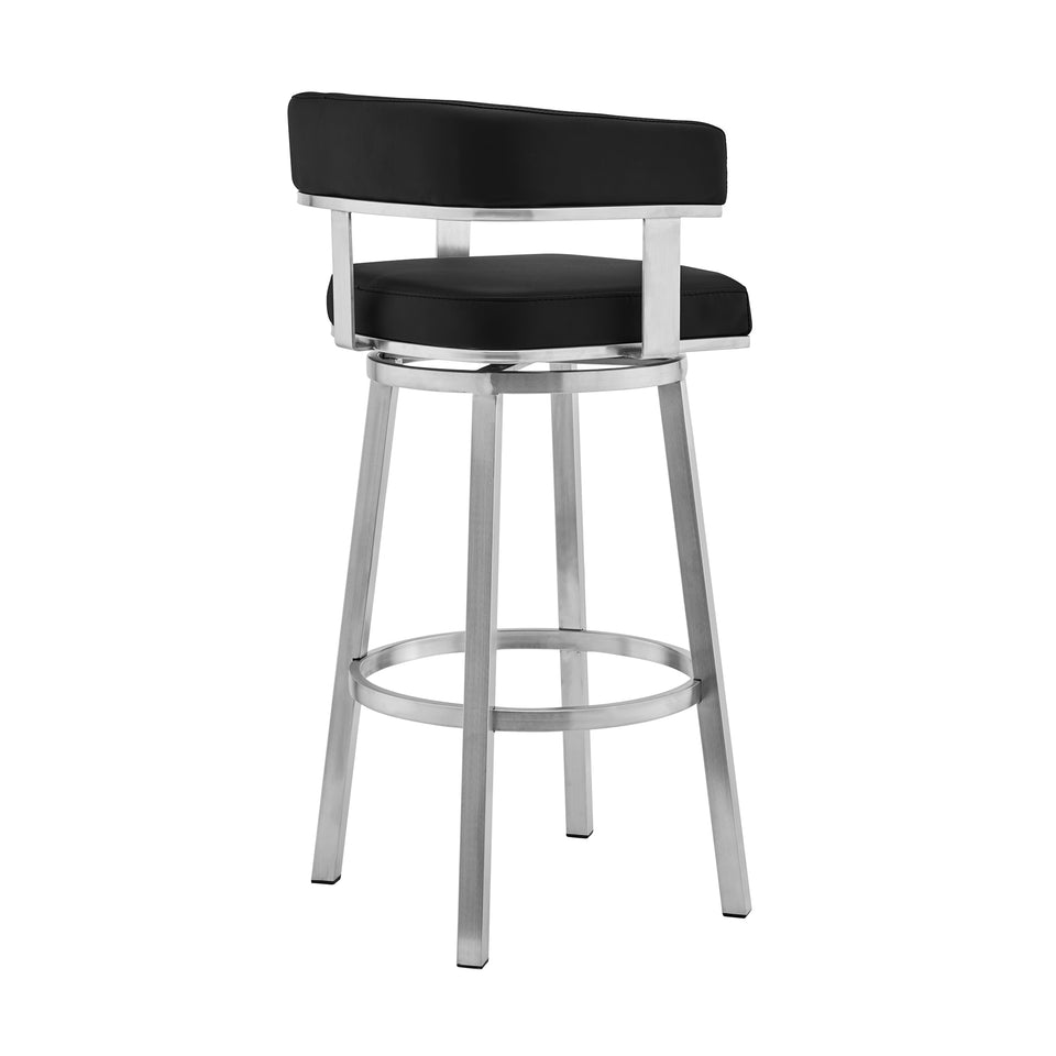 Cohen 26" Black Faux Leather and Brushed Stainless Steel Swivel Bar Stool
