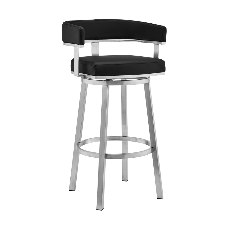 Cohen 26" Black Faux Leather and Brushed Stainless Steel Swivel Bar Stool