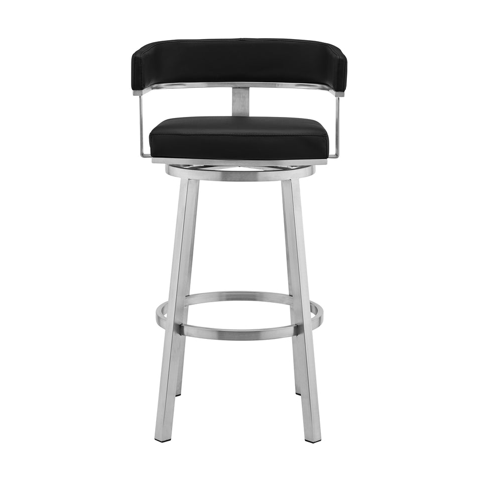 Cohen 30" Black Faux Leather and Brushed Stainless Steel Swivel Bar Stool