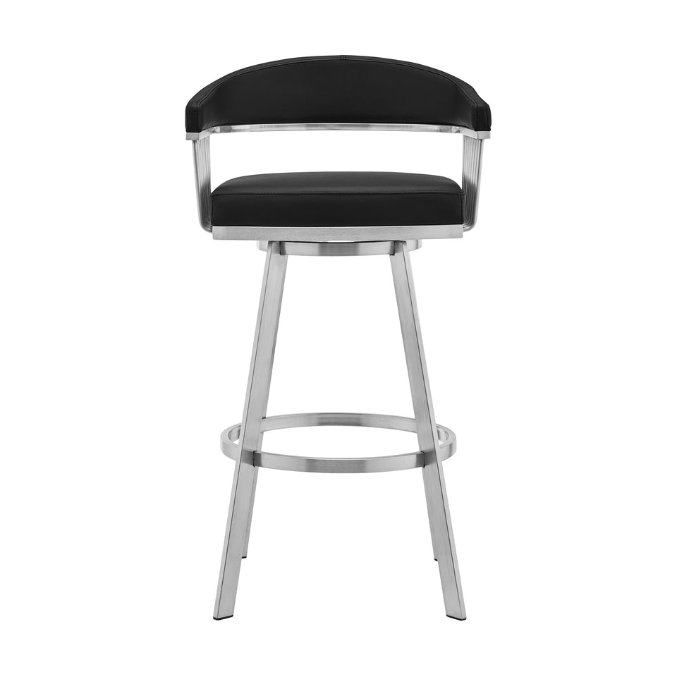 Bronson 26" Black Faux Leather and Brushed Stainless Steel Swivel Bar Stool