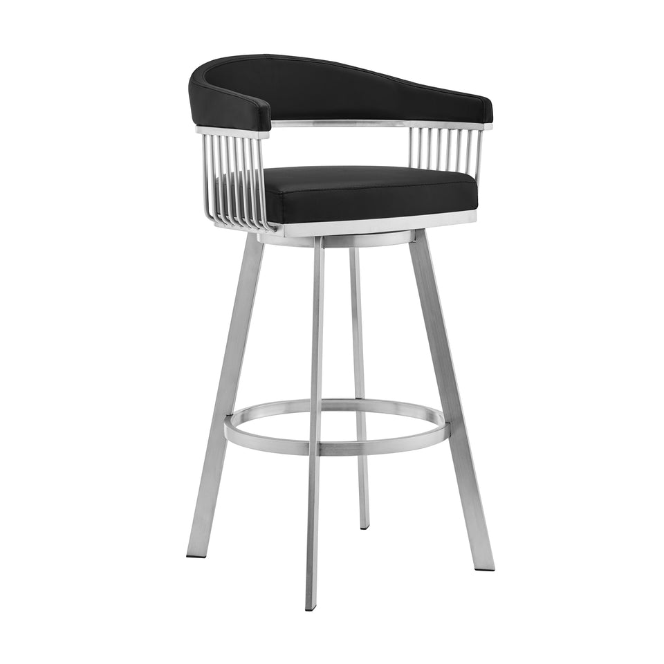 Bronson 30" Black Faux Leather and Brushed Stainless Steel Swivel Bar Stool