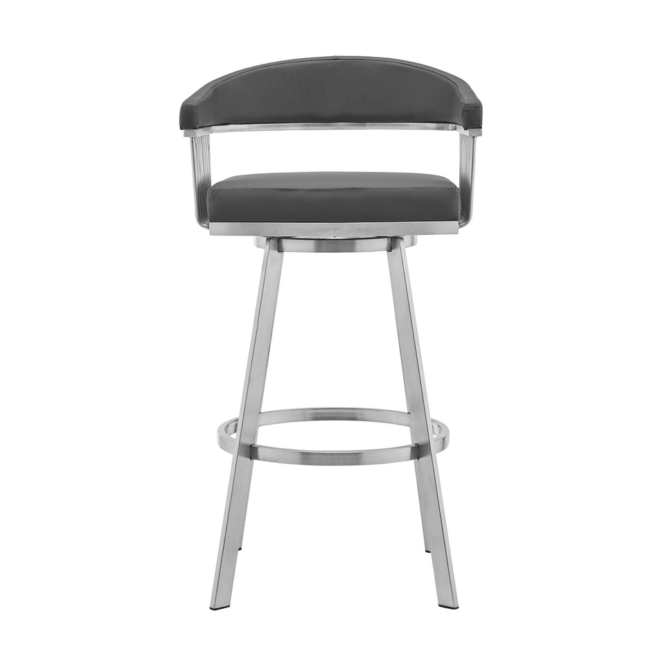 Bronson 30" Gray Faux Leather and Brushed Stainless Steel Swivel Bar Stool