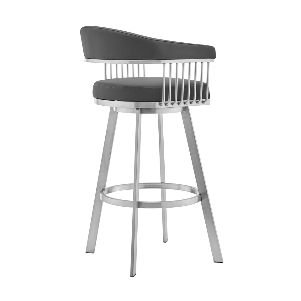 Bronson 30" Gray Faux Leather and Brushed Stainless Steel Swivel Bar Stool