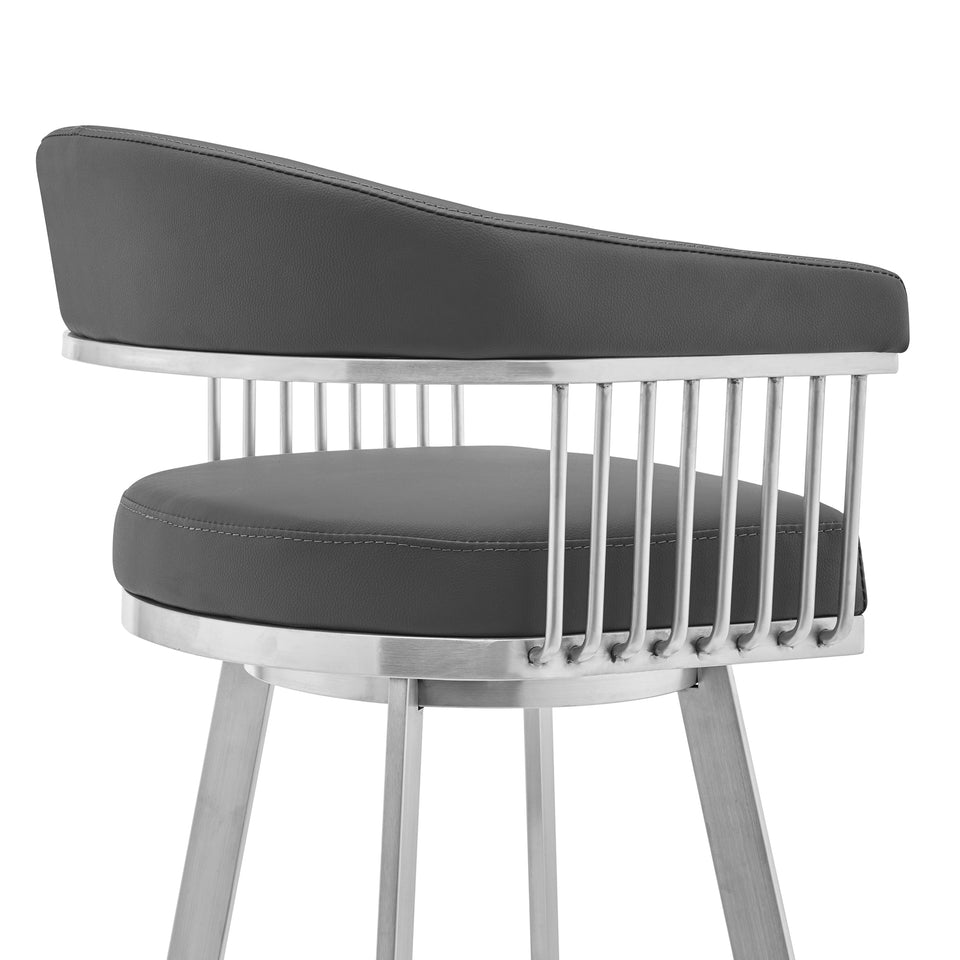 Bronson 30" Gray Faux Leather and Brushed Stainless Steel Swivel Bar Stool