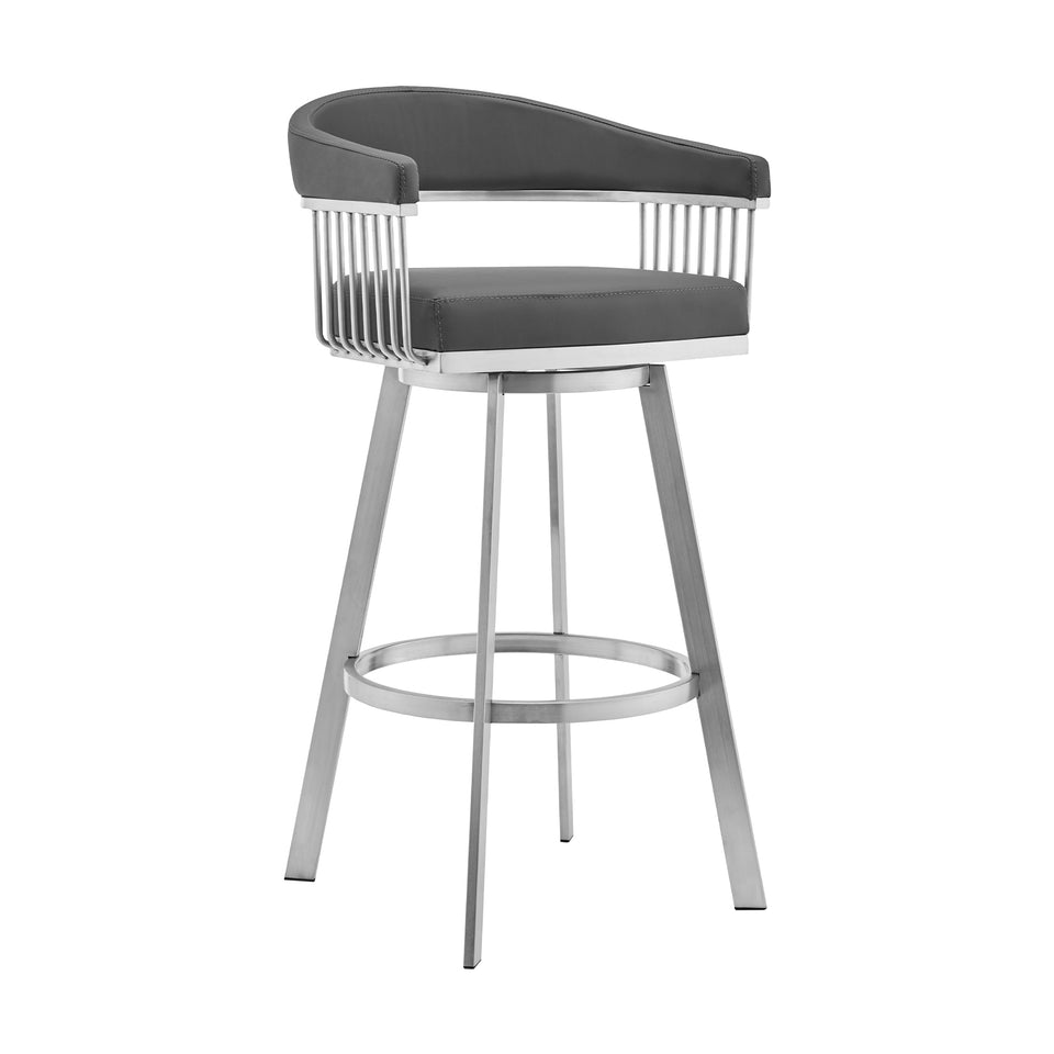 Bronson 30" Gray Faux Leather and Brushed Stainless Steel Swivel Bar Stool