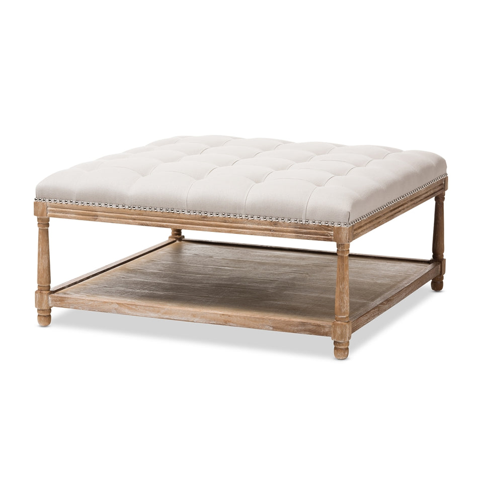 Carlotta French country weathered oak beige linen square coffee table ottoman.