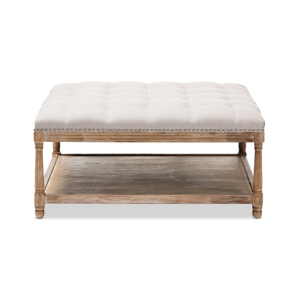 Carlotta French country weathered oak beige linen square coffee table ottoman.