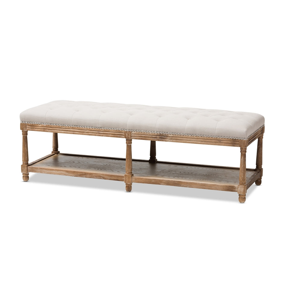 Celeste French country weathered oak beige linen upholstered ottoman bench.