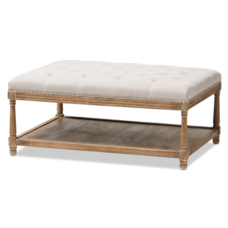 Carlotta French country weathered oak beige linen rectangular coffee table ottoman.