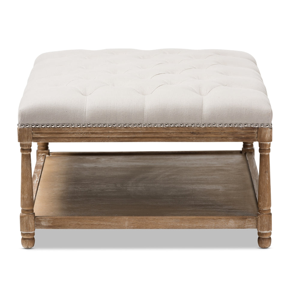 Carlotta French country weathered oak beige linen rectangular coffee table ottoman.