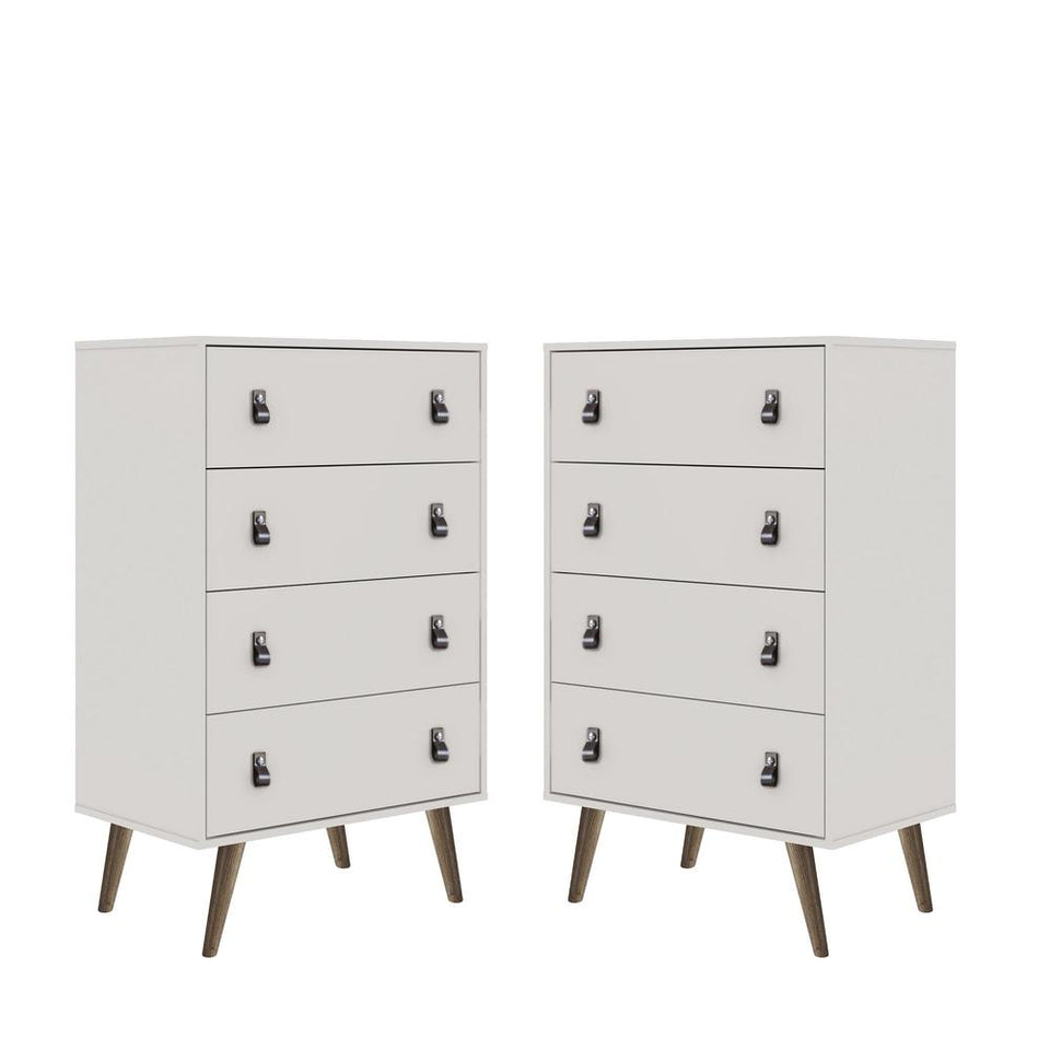 Amber Tall Dresser with Faux Leather Button Handles in White (Set of 2)