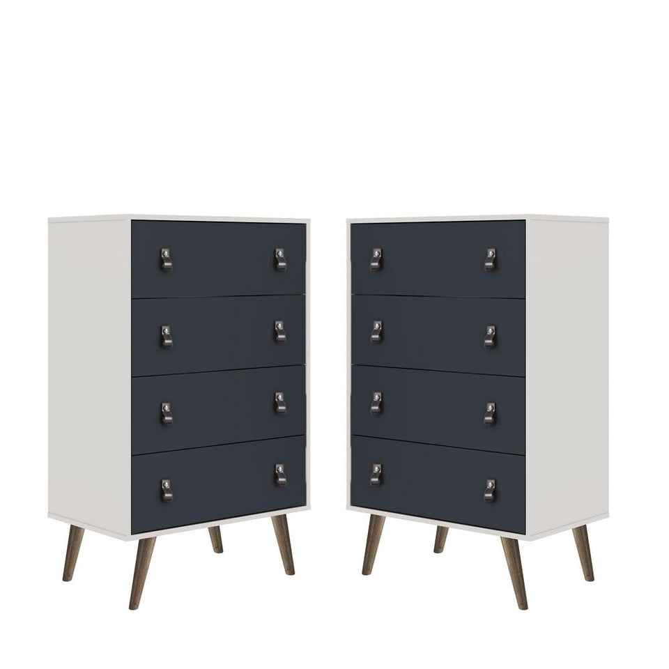 Amber Tall Dresser with Faux Leather Button Handles in White and Blue (Set of 2)