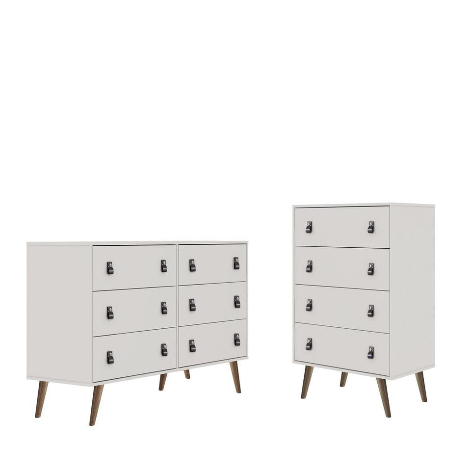 Amber Double Wide and Tall Dresser with Faux Leather Button Handles - Set of 2 in White