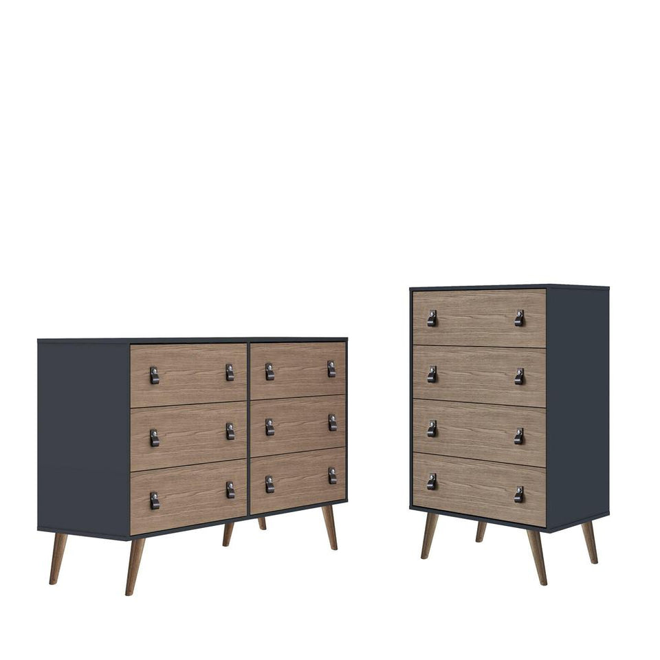 Amber Double Wide and Tall Dresser with Faux Leather Button Handles - Set of 2 in Blue and Nature