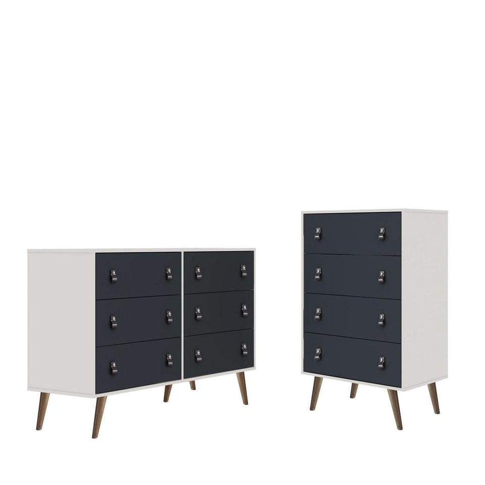 Amber Double Wide and Tall Dresser with Faux Leather Button Handles - Set of 2 in White and Blue