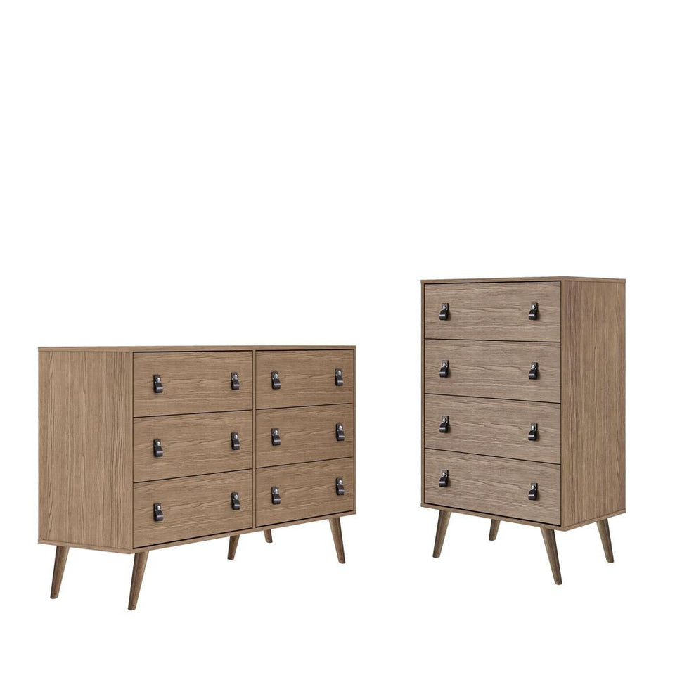 Amber Double Wide and Tall Dresser with Faux Leather Button Handles - Set of 2 in Nature
