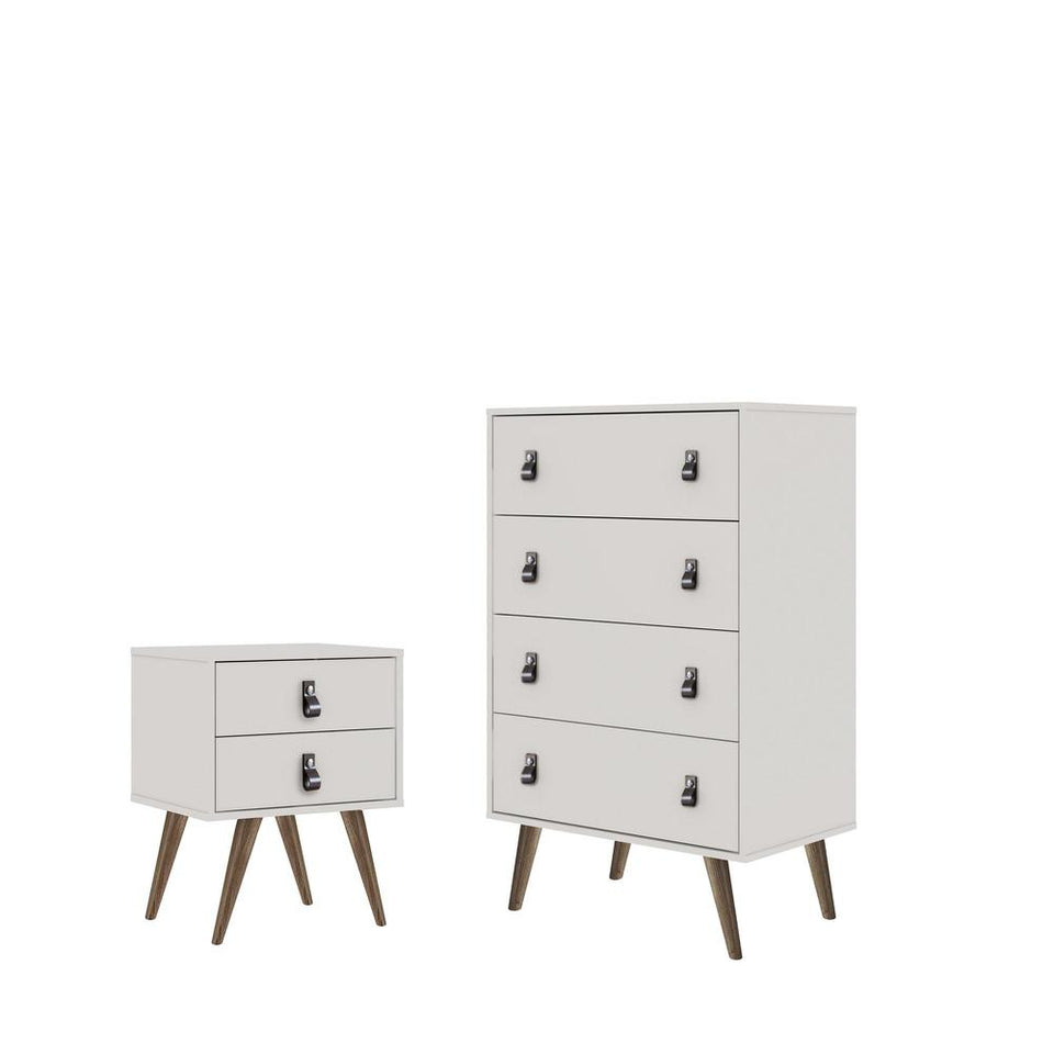 Amber Tall Dresser and Nightstand with Faux Leather Button Handles - Set of 2 in White
