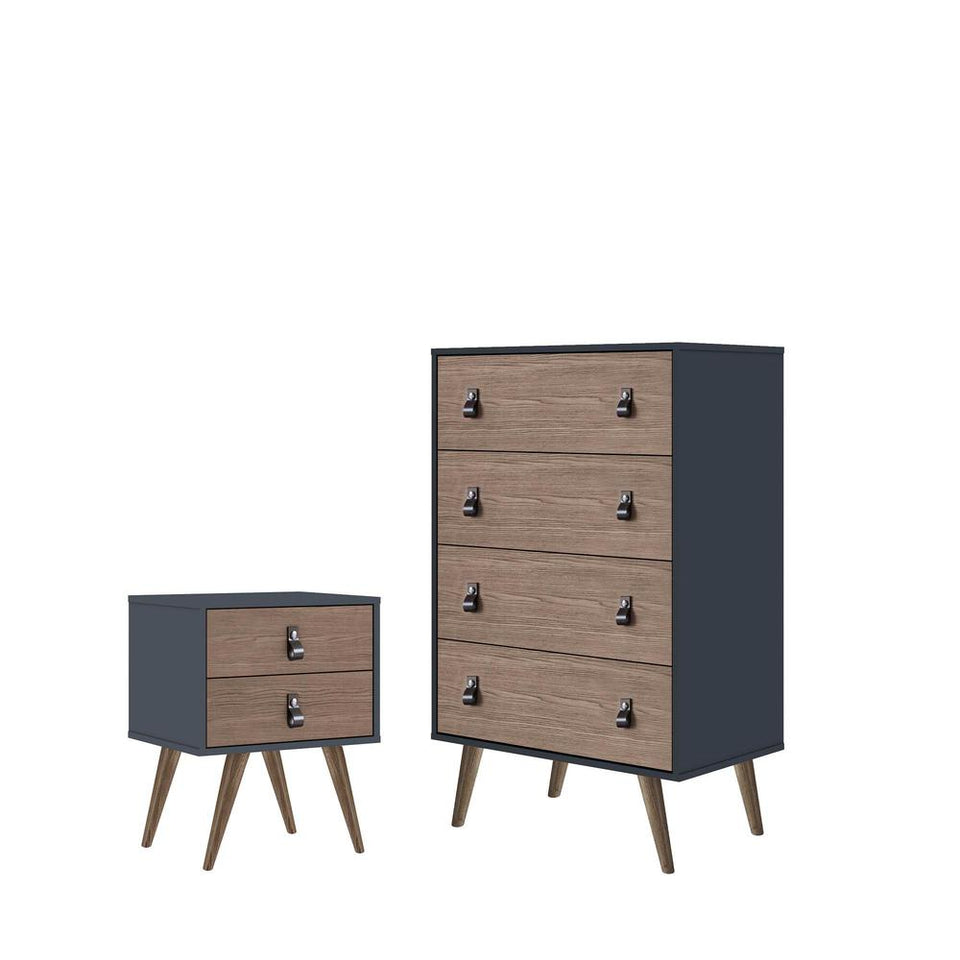 Amber Tall Dresser and Nightstand with Faux Leather Button Handles - Set of 2 in Blue and Nature