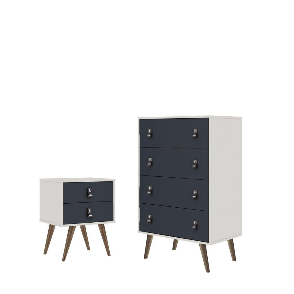 Amber Tall Dresser and Nightstand with Faux Leather Button Handles - Set of 2 in White and Blue