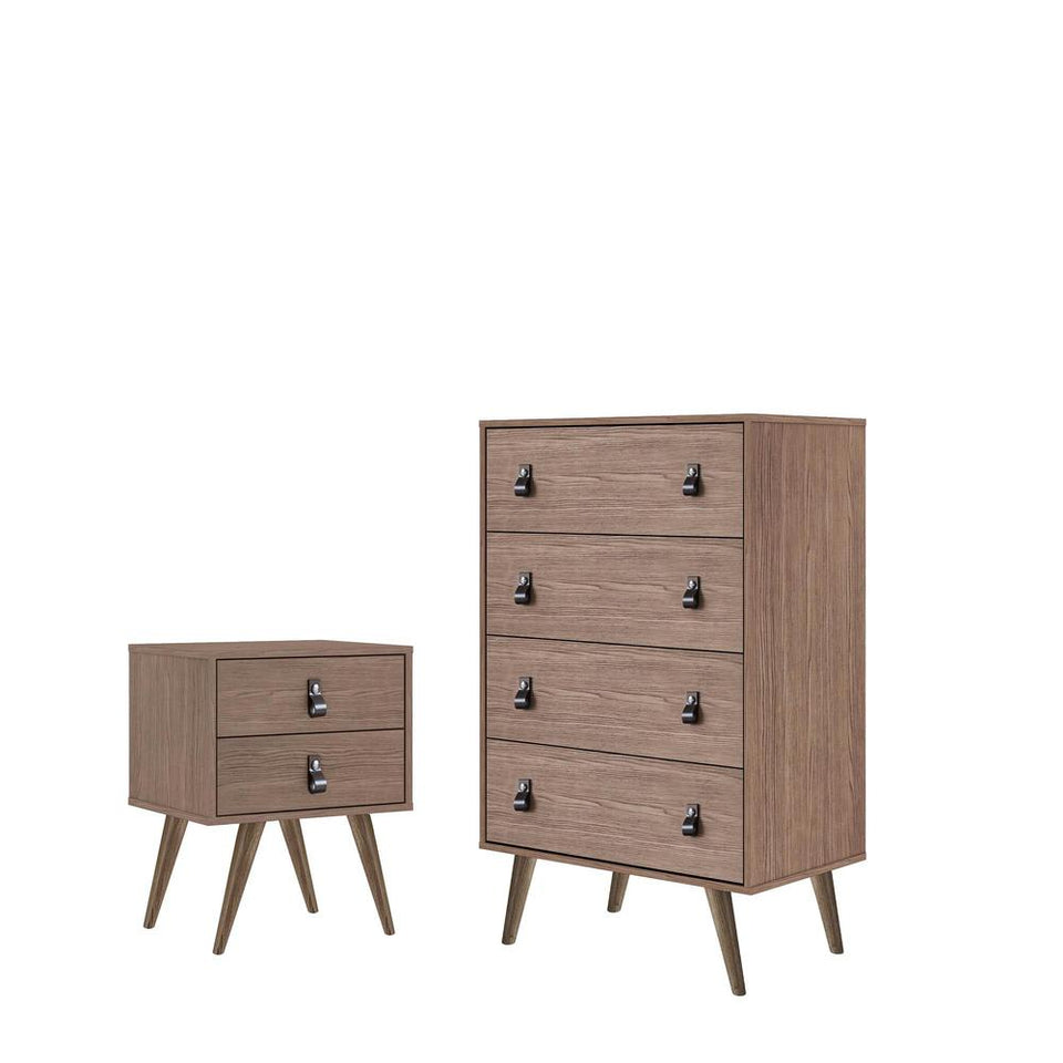 Amber Tall Dresser and Nightstand with Faux Leather Button Handles - Set of 2 in Nature