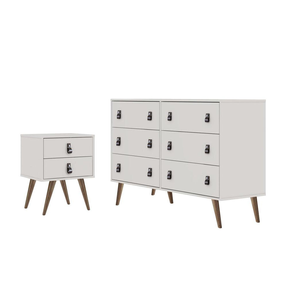 Amber Double Wide Dresser and Nightstand with Faux Leather Button Handles - Set of 2 in White