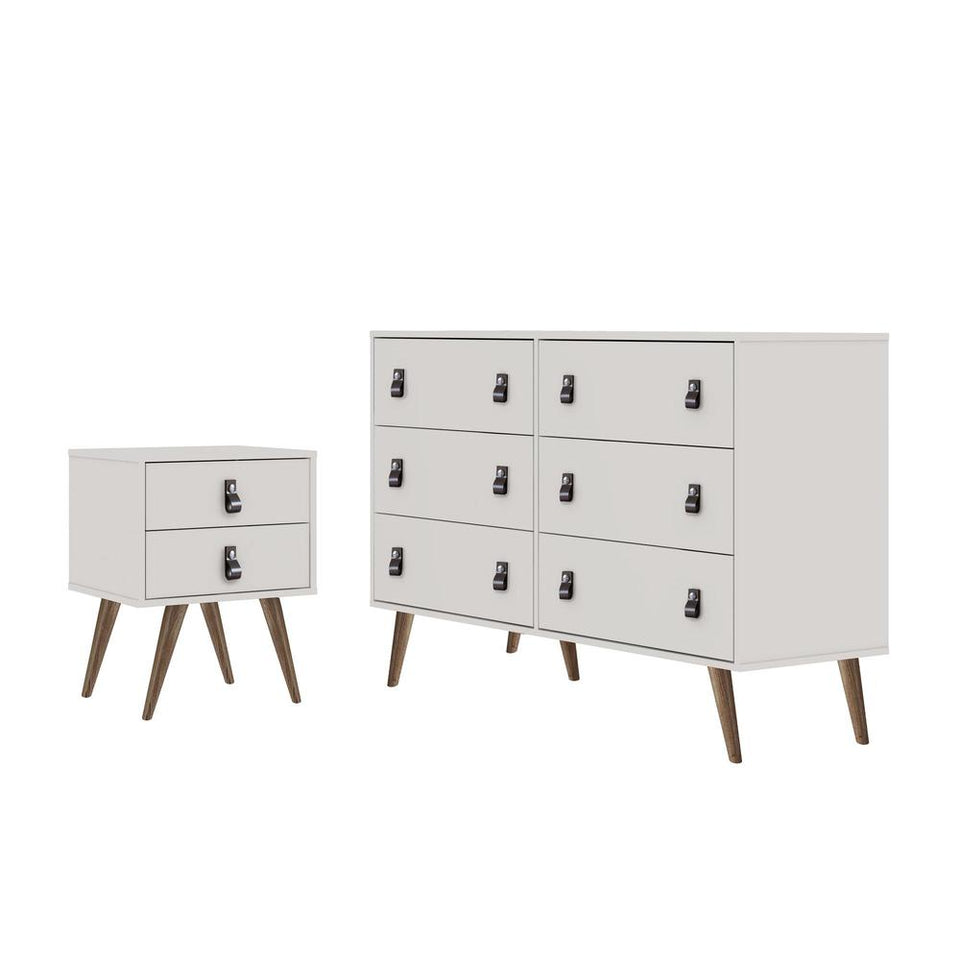 Amber Double Wide Dresser and Nightstand with Faux Leather Button Handles - Set of 2 in White Amber Double Wide Dresser and Nightstand with Faux Leather Button Handles - Set of 2 in White