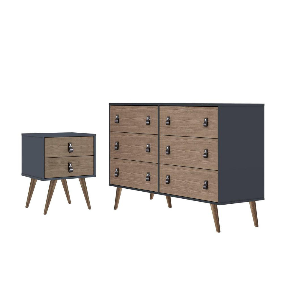 Amber Double Wide Dresser and Nightstand with Faux Leather Button Handles - Set of 2 in Blue and Nature