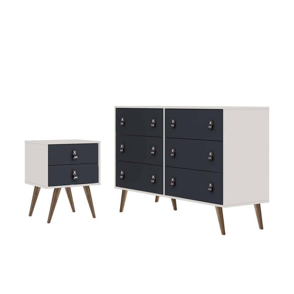 Amber Double Wide Dresser and Nightstand with Faux Leather Button Handles - Set of 2 in White and Blue