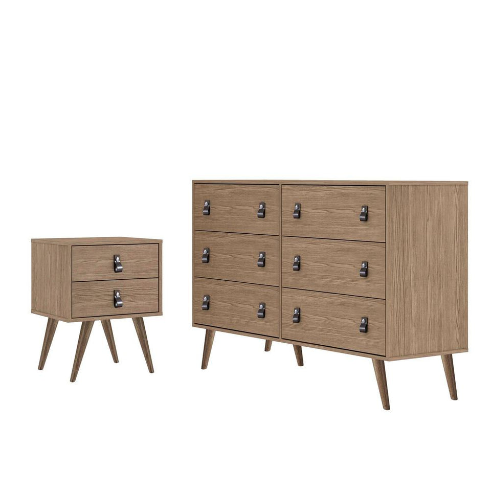 Amber Double Wide Dresser and Nightstand with Faux Leather Button Handles - Set of 2 in Nature