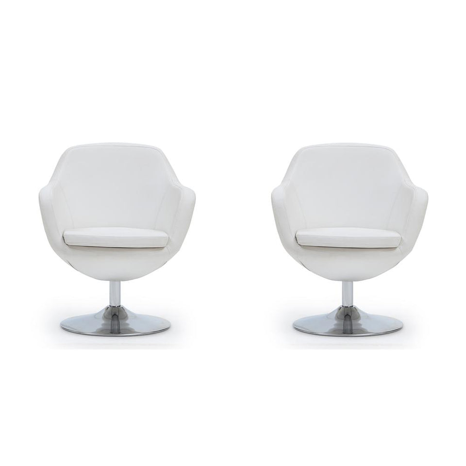 Caisson Faux Leather Swivel Accent Chair in White and Polished Chrome